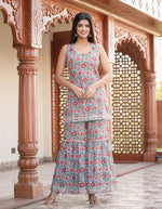 Thumbnail for Kaajh Women's Sky Blue Floral Printed Kurta With Sharara - Distacart