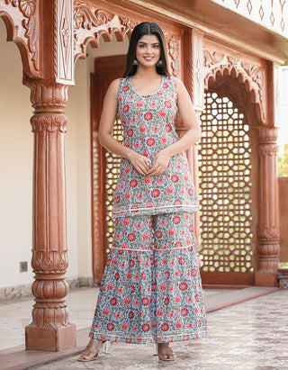 Kaajh Women's Sky Blue Floral Printed Kurta With Sharara - Distacart