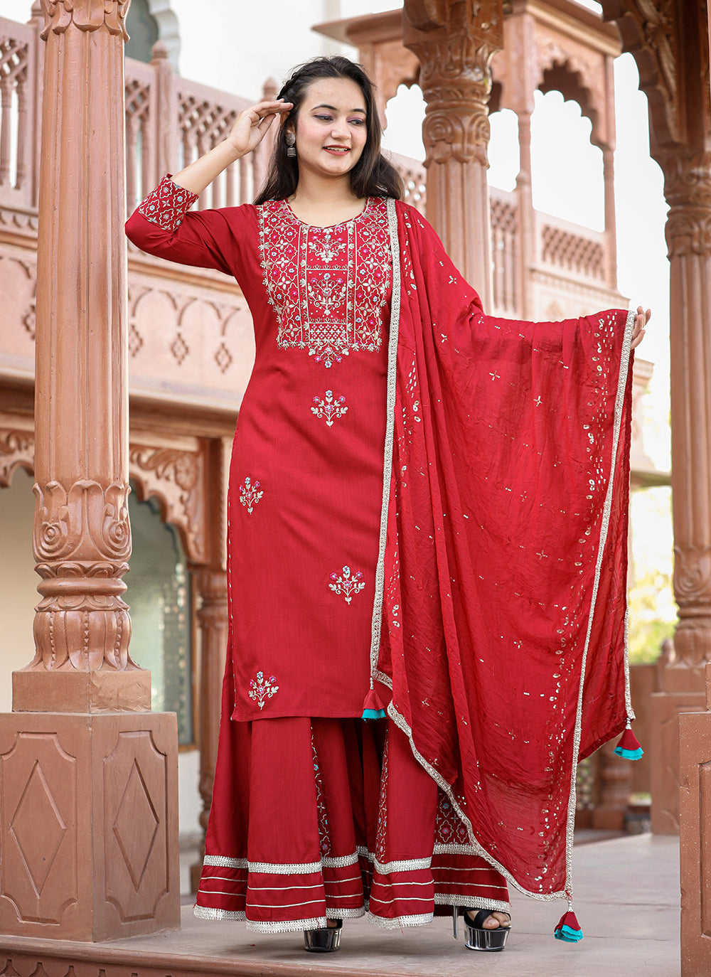 Kaajh Women's Red Rayon Embroidered Kurta Sharara Set With Dupatta - Distacart