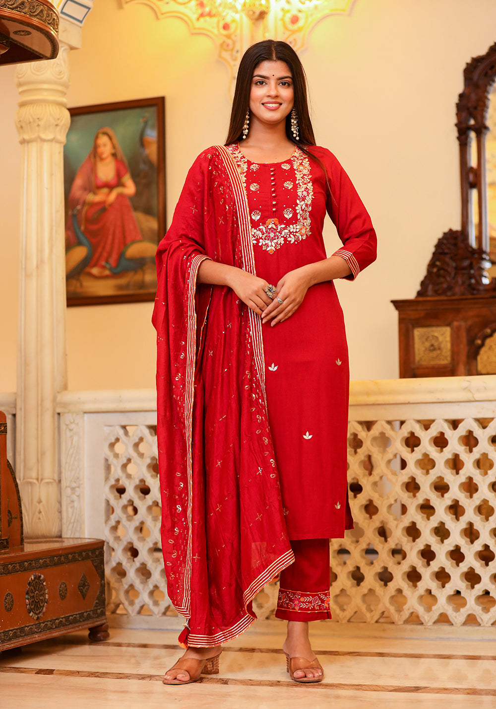 Kaajh Women's Red Rayon Embroidered Kurta Pant Set With Dupatta - Distacart