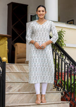 Thumbnail for Kaajh Women's White Floral Print Cotton Casual Kurta - Distacart