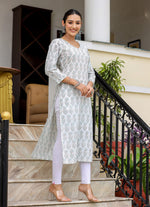 Thumbnail for Kaajh Women's White Floral Print Cotton Casual Kurta - Distacart