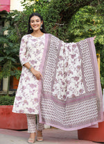 Thumbnail for Kaajh Women's Light Purple Floral Print Cotton Kurta Pant Set With Dupatta - Distacart
