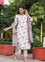 Thumbnail for Kaajh Women's Light Purple Floral Print Cotton Kurta Pant Set With Dupatta - Distacart