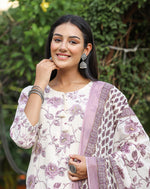 Thumbnail for Kaajh Women's Light Purple Floral Print Cotton Kurta Pant Set With Dupatta - Distacart