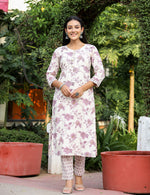 Thumbnail for Kaajh Women's Light Purple Floral Print Cotton Kurta Pant Set With Dupatta - Distacart