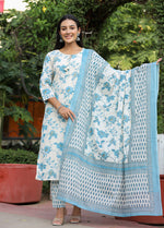 Thumbnail for Kaajh Women's Sky Blue Floral Print Cotton Kurta Pant Set With Dupatta - Distacart