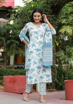 Thumbnail for Kaajh Women's Sky Blue Floral Print Cotton Kurta Pant Set With Dupatta - Distacart