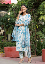 Thumbnail for Kaajh Women's Sky Blue Floral Print Cotton Kurta Pant Set With Dupatta - Distacart