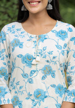 Thumbnail for Kaajh Women's Sky Blue Floral Print Cotton Kurta Pant Set With Dupatta - Distacart