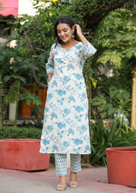Thumbnail for Kaajh Women's Sky Blue Floral Print Cotton Kurta Pant Set With Dupatta - Distacart