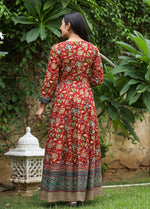 Thumbnail for Kaajh Women's Maroon Kalamkari Print Viscose Rayon Anarkali Dress - Distacart