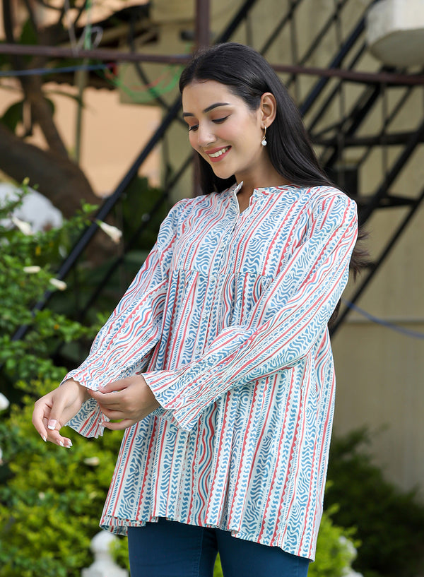 Kaajh Women's White Blue Printed Cotton Top - Distacart