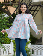 Thumbnail for Kaajh Women's White Blue Printed Cotton Top - Distacart