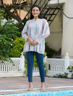 Thumbnail for Kaajh Women's White Blue Printed Cotton Top - Distacart