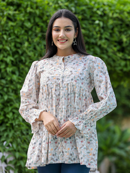 Kaajh Women's White Printed Cotton Top - Distacart