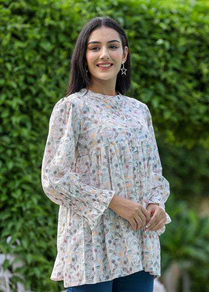 Kaajh Women's White Printed Cotton Top - Distacart