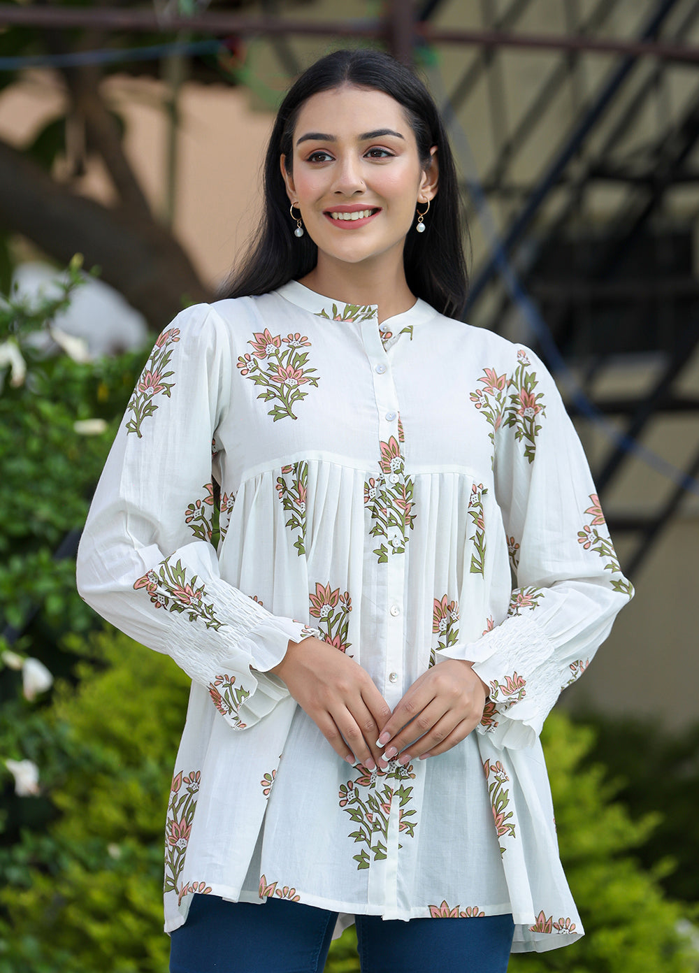 Kaajh Women's White Floral Printed Cotton Top - Distacart