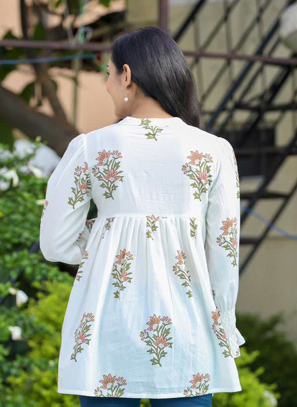 Kaajh Women's White Floral Printed Cotton Top - Distacart