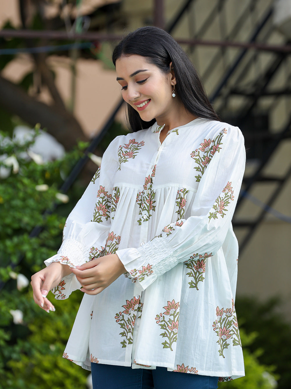Kaajh Women's White Floral Printed Cotton Top - Distacart
