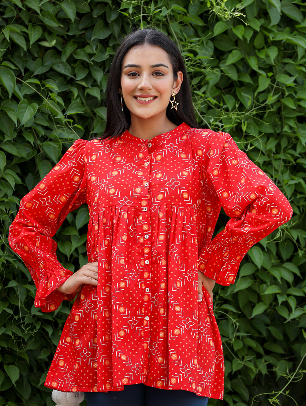 Kaajh Women's Red Printed Cotton Top - Distacart
