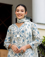 Thumbnail for Kaajh Women's White Floral Printed Aaliya Cut Kurta Pant And Dupatta Set - Distacart