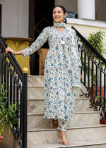 Thumbnail for Kaajh Women's White Floral Printed Aaliya Cut Kurta Pant And Dupatta Set - Distacart