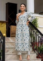 Thumbnail for Kaajh Women's White Floral Printed Aaliya Cut Kurta Pant And Dupatta Set - Distacart