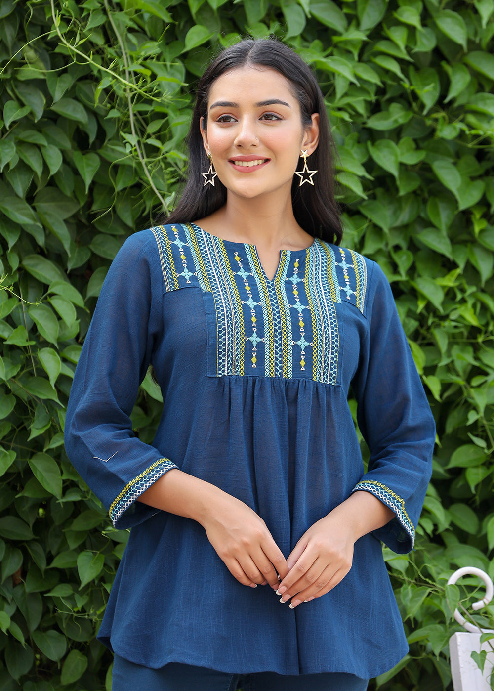 Kaajh Women's Navy Blue Embroidered Cotton Top - Distacart