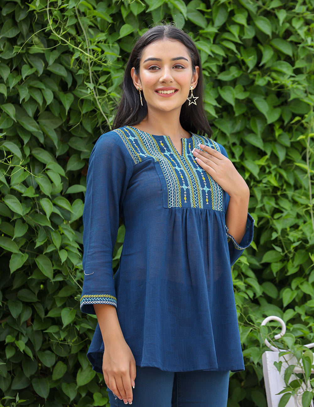 Kaajh Women's Navy Blue Embroidered Cotton Top - Distacart