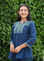 Thumbnail for Kaajh Women's Navy Blue Embroidered Cotton Top - Distacart