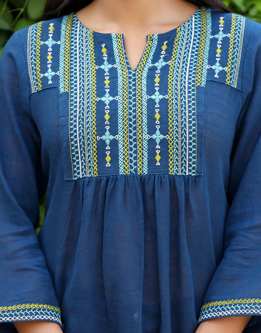Kaajh Women's Navy Blue Embroidered Cotton Top - Distacart