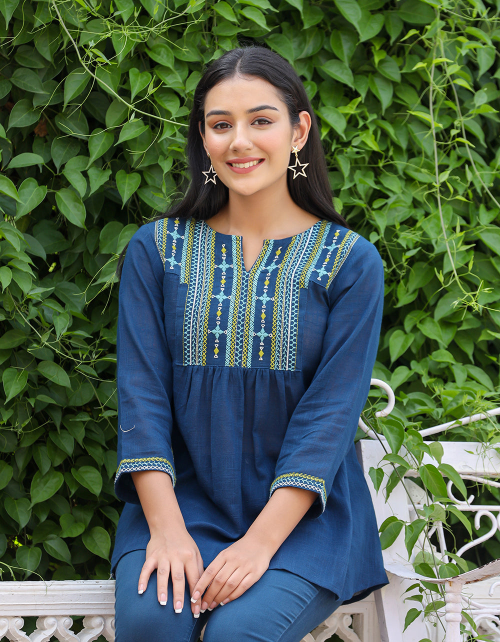 Kaajh Women's Navy Blue Embroidered Cotton Top - Distacart