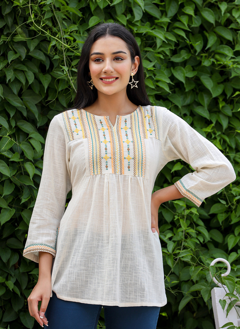 Kaajh Women's Off White Embroidered Cotton Top - Distacart