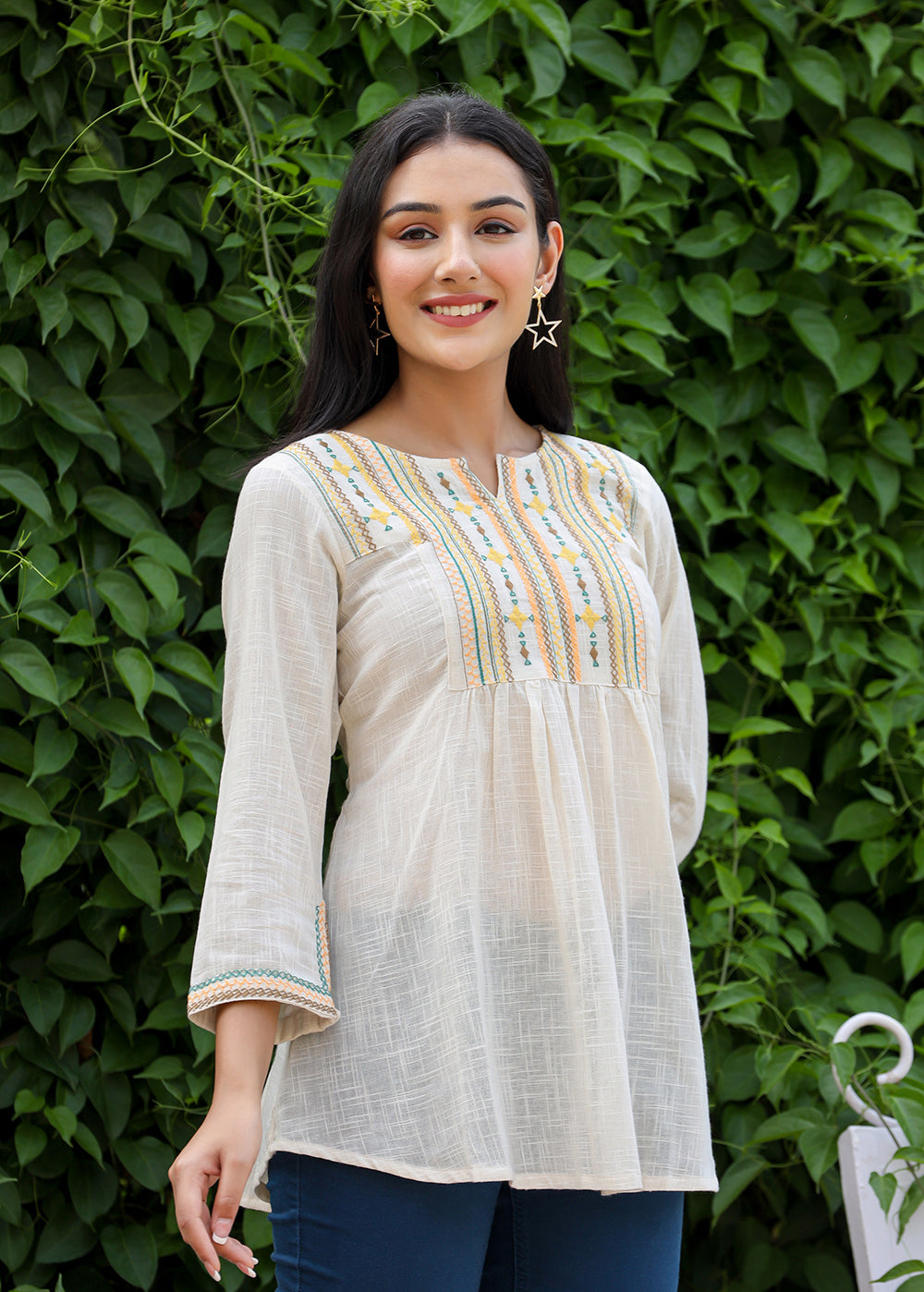 Kaajh Women's Off White Embroidered Cotton Top - Distacart