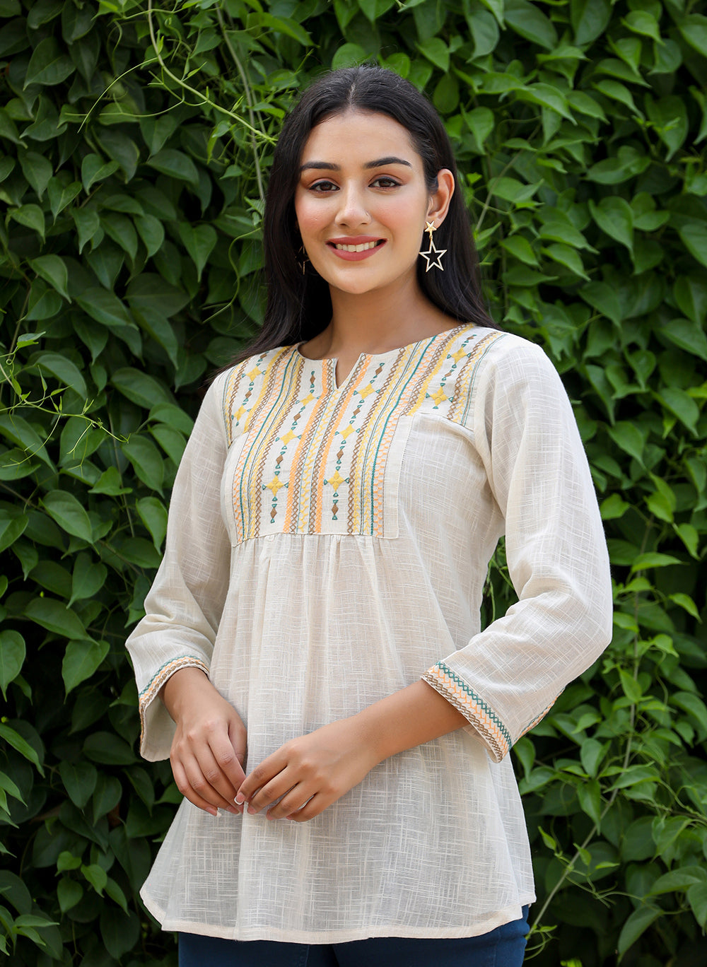 Kaajh Women's Off White Embroidered Cotton Top - Distacart