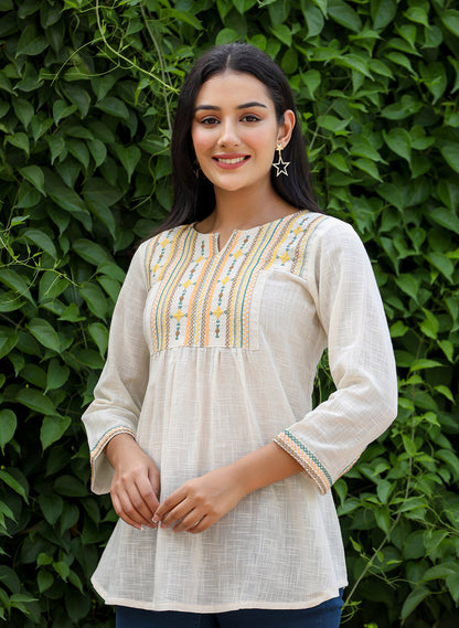 Kaajh Women's Off White Embroidered Cotton Top - Distacart