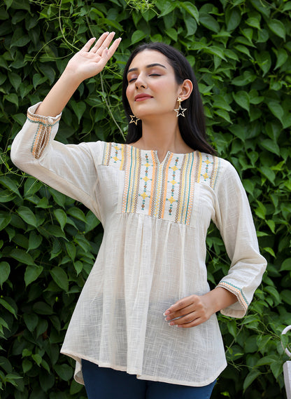 Kaajh Women's Off White Embroidered Cotton Top - Distacart