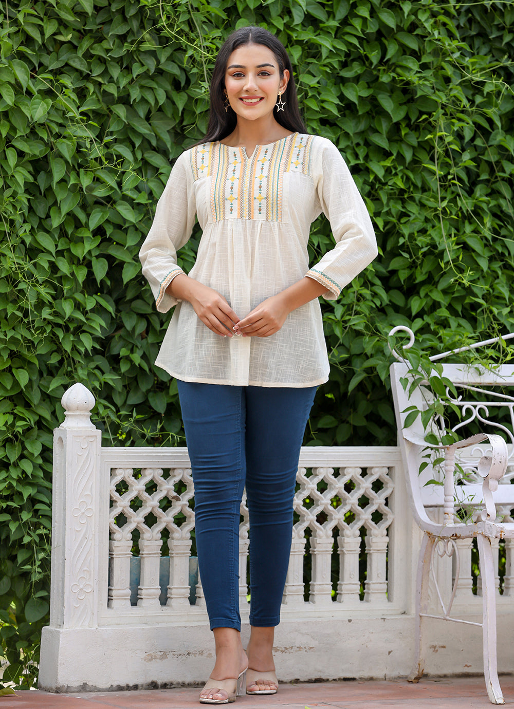 Kaajh Women's Off White Embroidered Cotton Top - Distacart