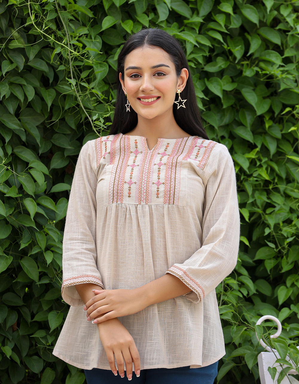 Kaajh Women's Ivory Embroidered Cotton Top - Distacart