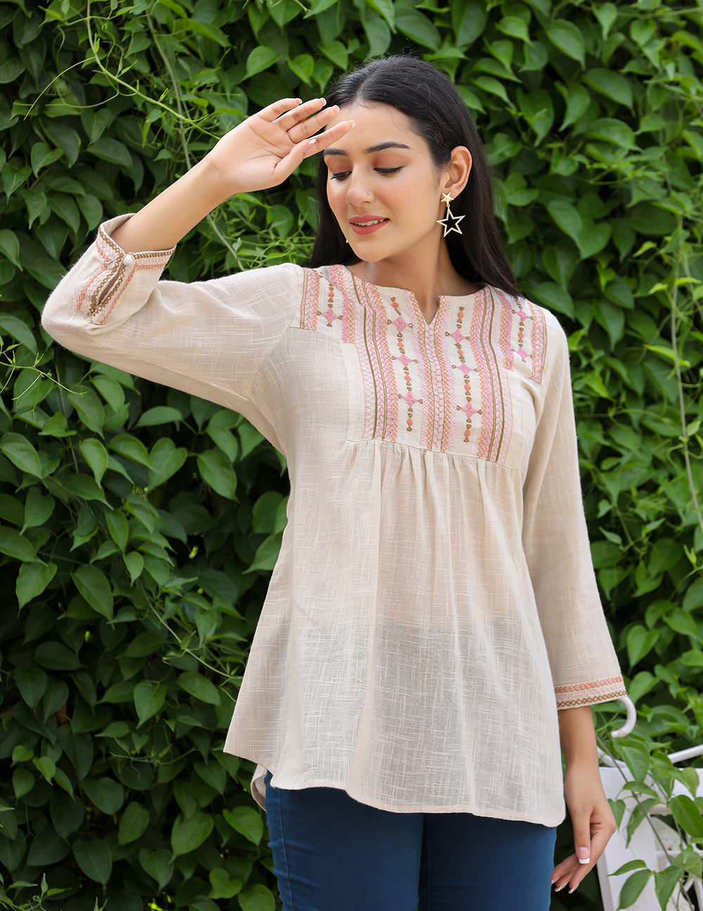 Kaajh Women's Ivory Embroidered Cotton Top - Distacart