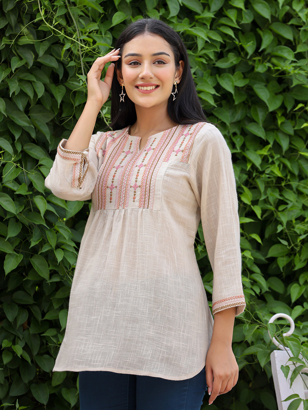 Kaajh Women's Ivory Embroidered Cotton Top - Distacart