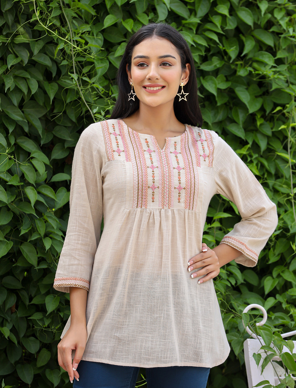 Kaajh Women's Ivory Embroidered Cotton Top - Distacart