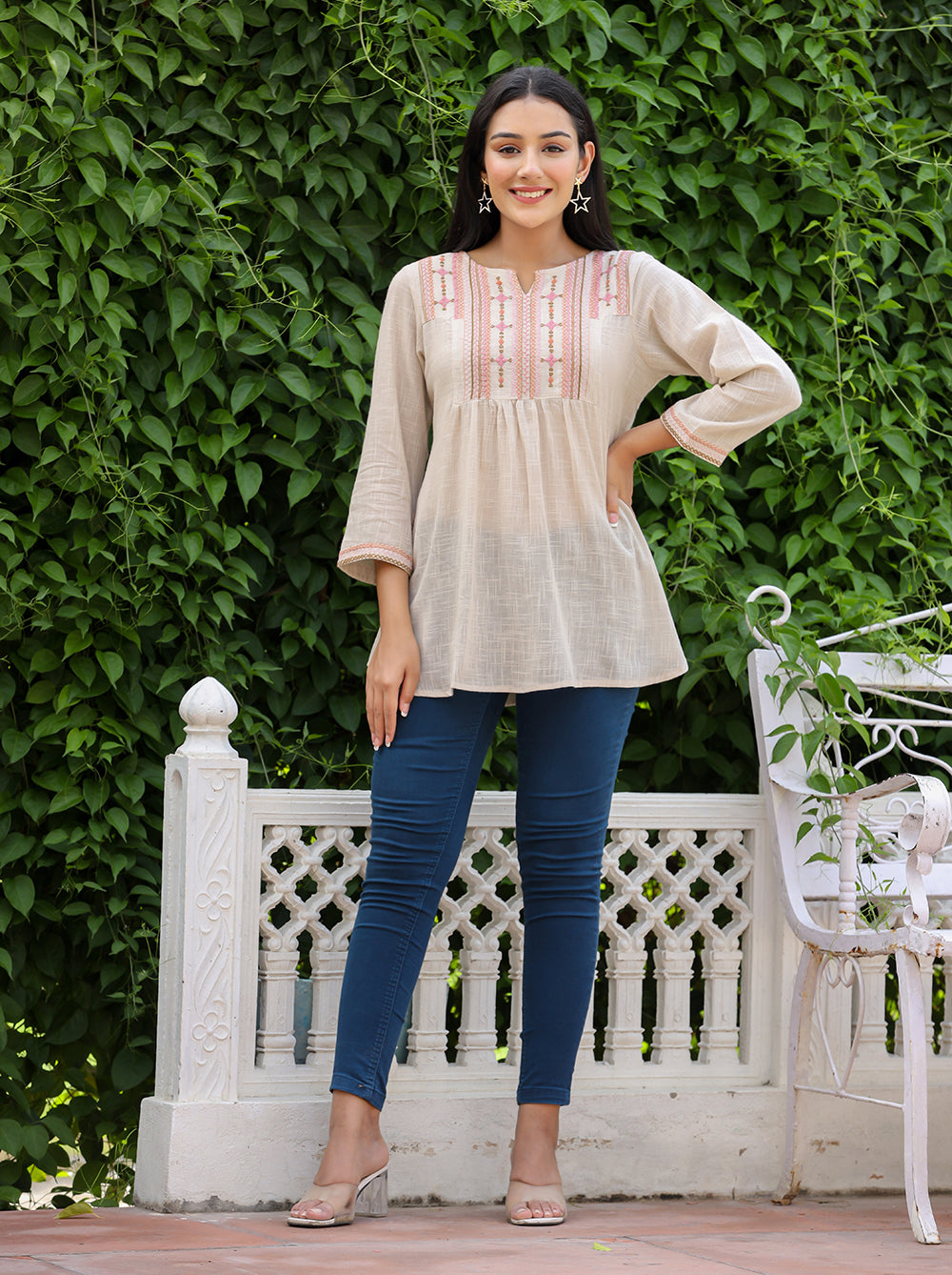 Kaajh Women's Ivory Embroidered Cotton Top - Distacart