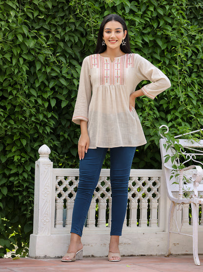 Kaajh Women's Ivory Embroidered Cotton Top - Distacart