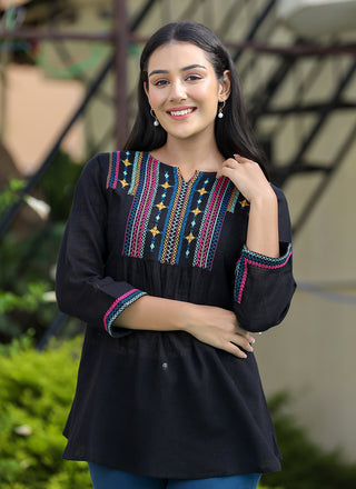 Kaajh Women's Black Embroidered Cotton Top - Distacart