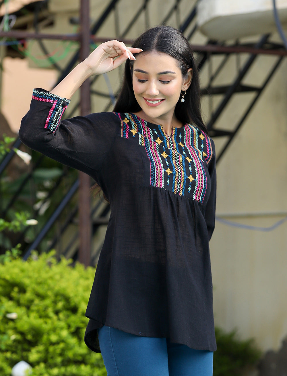 Kaajh Women's Black Embroidered Cotton Top - Distacart