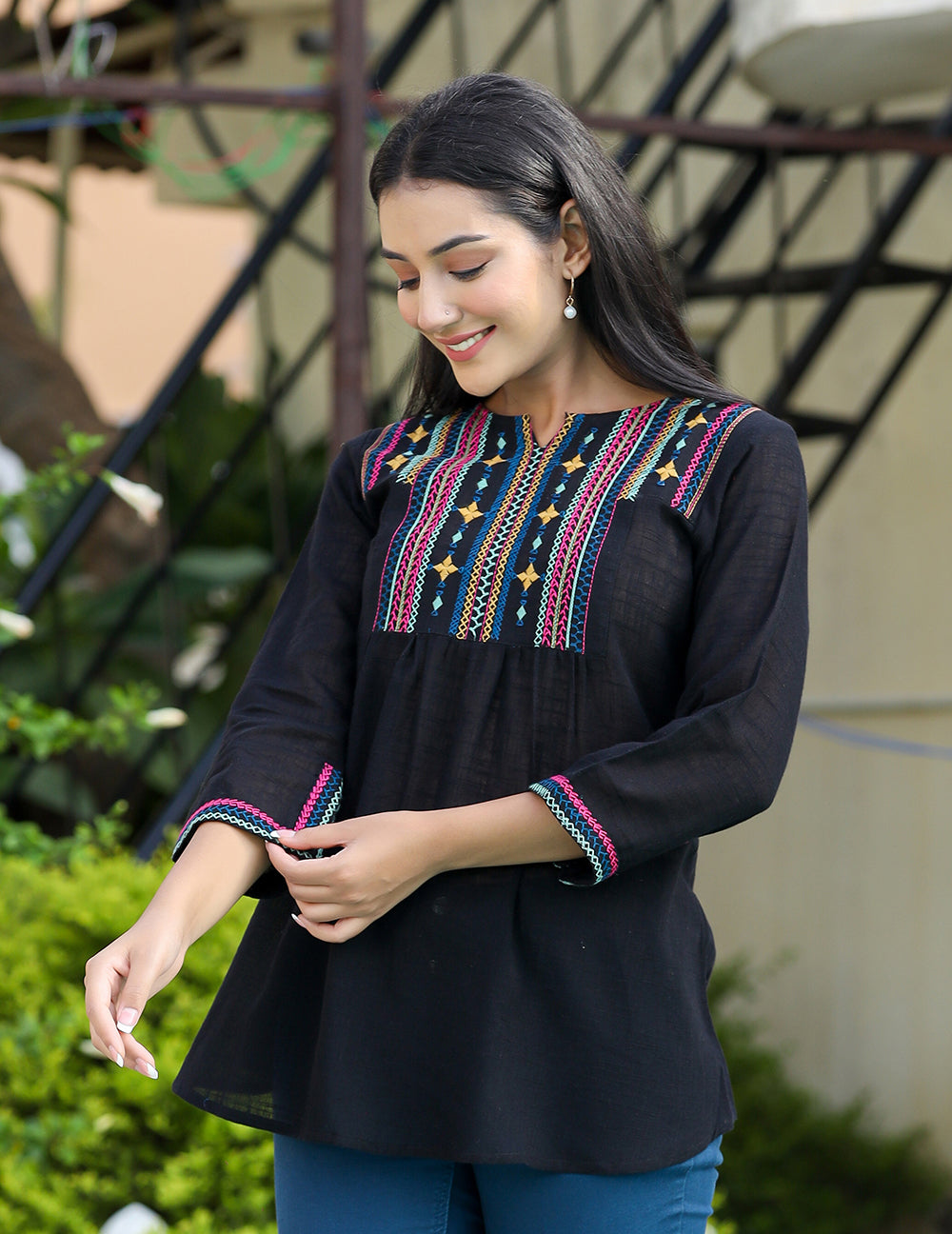 Kaajh Women's Black Embroidered Cotton Top - Distacart