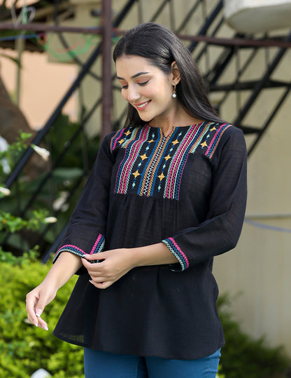 Kaajh Women's Black Embroidered Cotton Top - Distacart