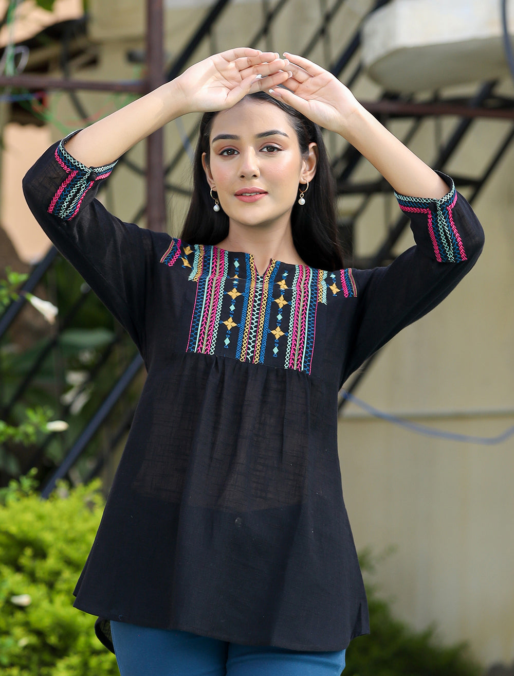 Kaajh Women's Black Embroidered Cotton Top - Distacart